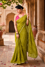 Premium Georgette Bandhani Work Saree With Unstitched Blouse(Green)