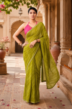 Premium Georgette Bandhani Work Saree With Unstitched Blouse(Green)