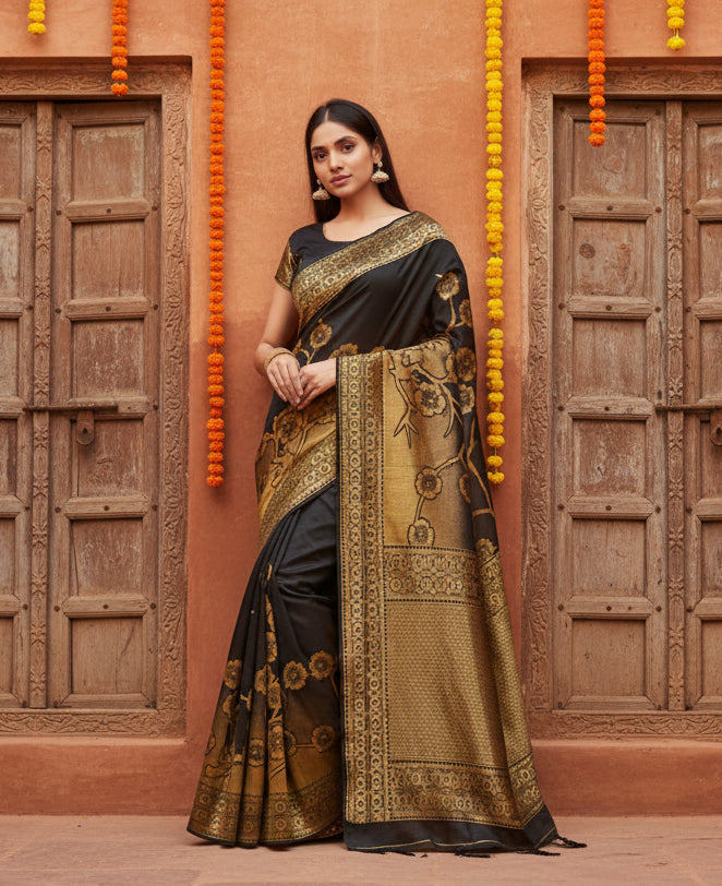 Women's Banarasi Silk Saree (Black,5-6 Mtrs) Kashvii