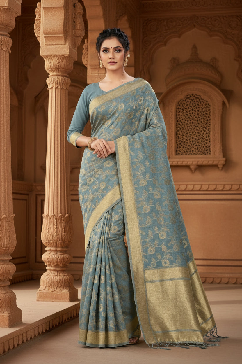 Women's banarasi (spun cotton) saree (grey,5 6 mtrs) kashvii