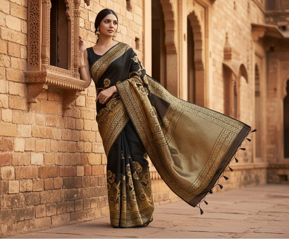 Women's banarasi silk saree (black,5 6 mtrs) kashvii