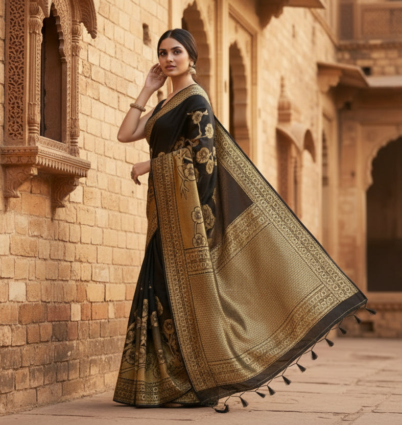 Women's Banarasi Silk Saree (Black,5-6 Mtrs)