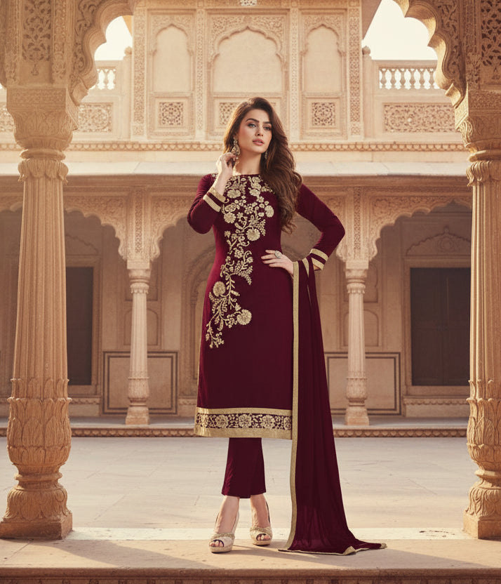 Women's chanderi unstitched salwar suit material with dupatta (brown,2 mtrs) kashvii