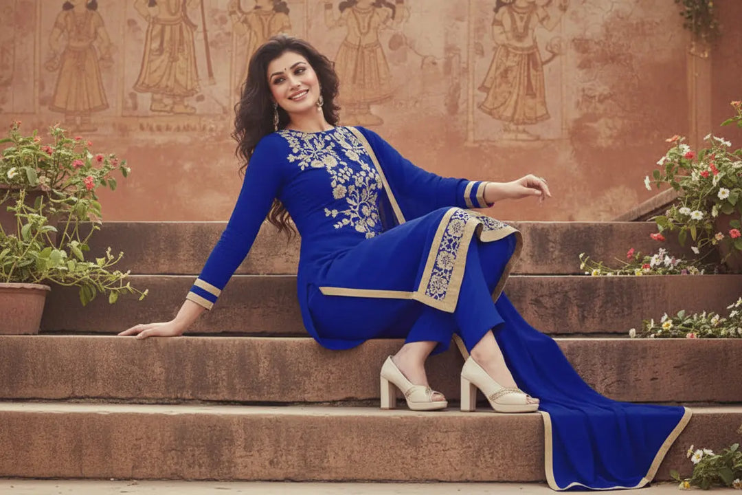 Women's Chanderi Unstitched Salwar Suit-Material With Dupatta (Blue,2 Mtrs) Kashvii