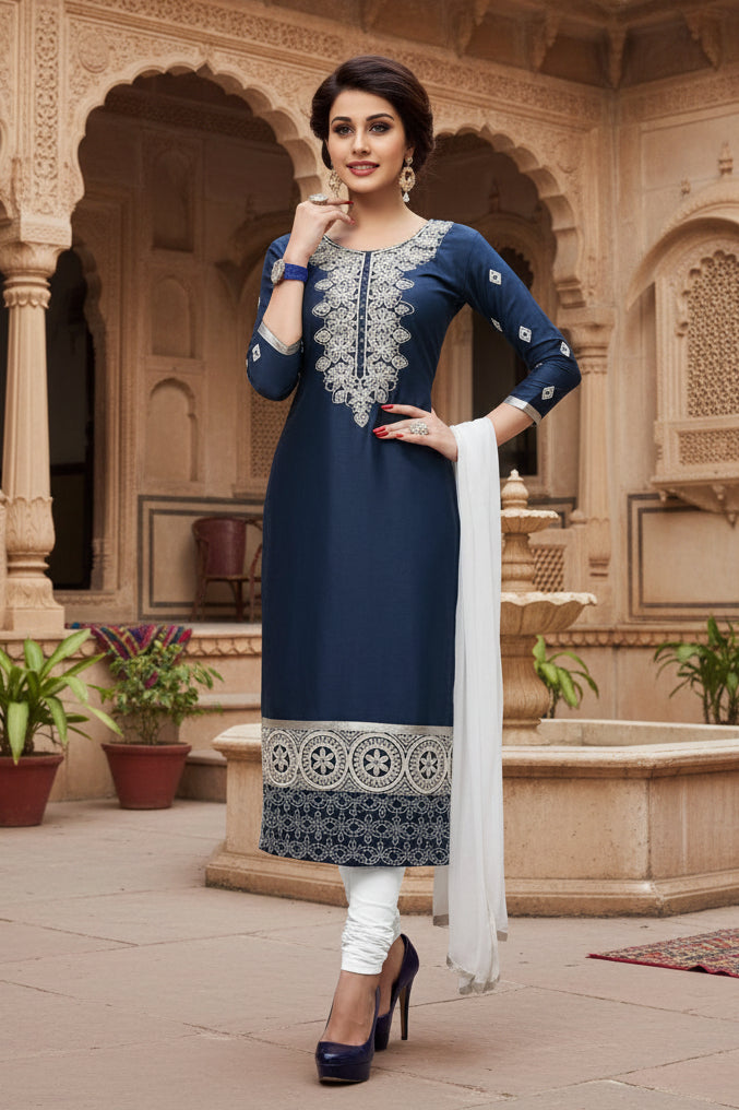 Women's Cotton Unstitched Salwar Suit-Material With Dupatta (Navy Blue,2.2 Mtrs) Kashvii