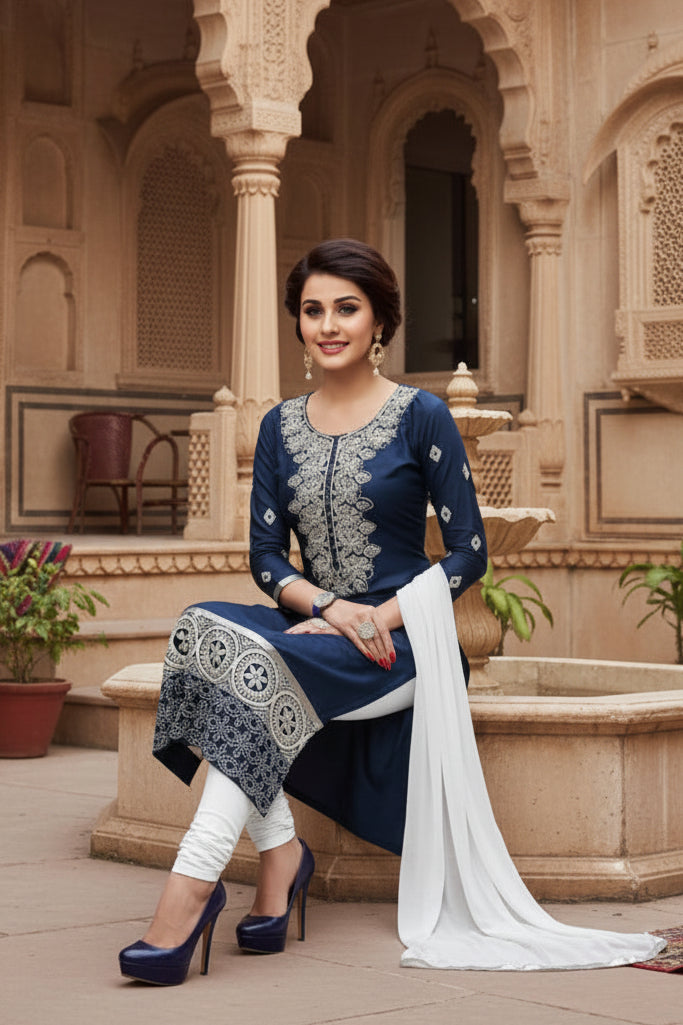 Women's Cotton Unstitched Salwar Suit-Material With Dupatta (Navy Blue,2.2 Mtrs) Kashvii