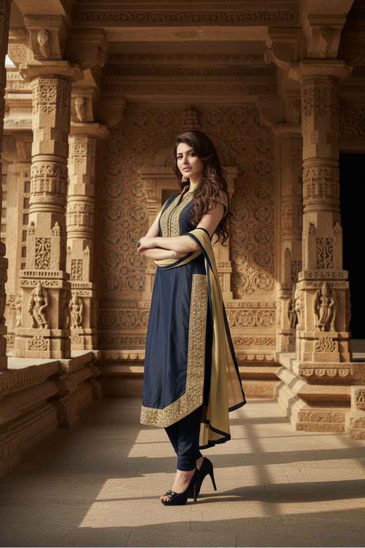 Women's Chanderi Unstitched Salwar Suit-Material With Dupatta (Black,2 Mtrs) Kashvii