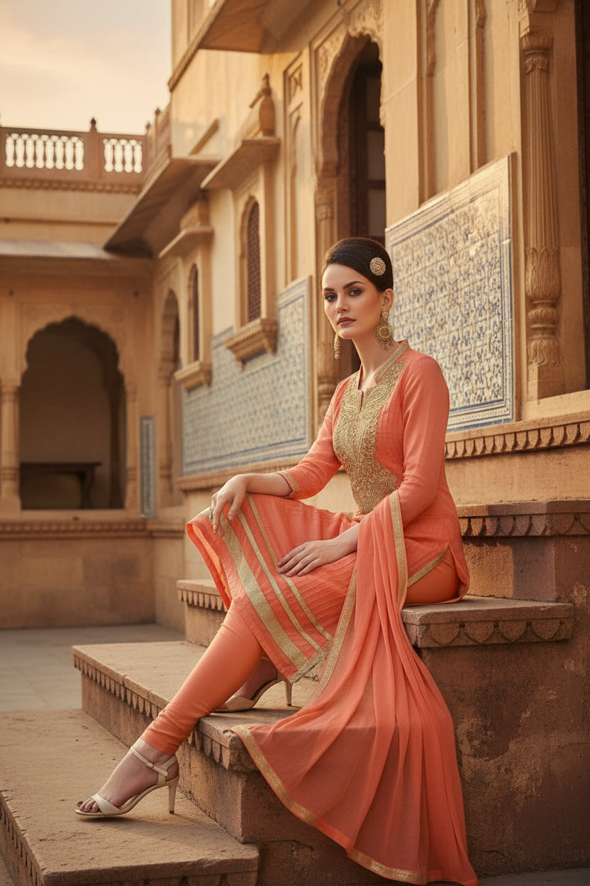 Women's Chanderi Unstitched Salwar Suit-Material With Dupatta (Orange,2.2 Mtrs) Kashvii