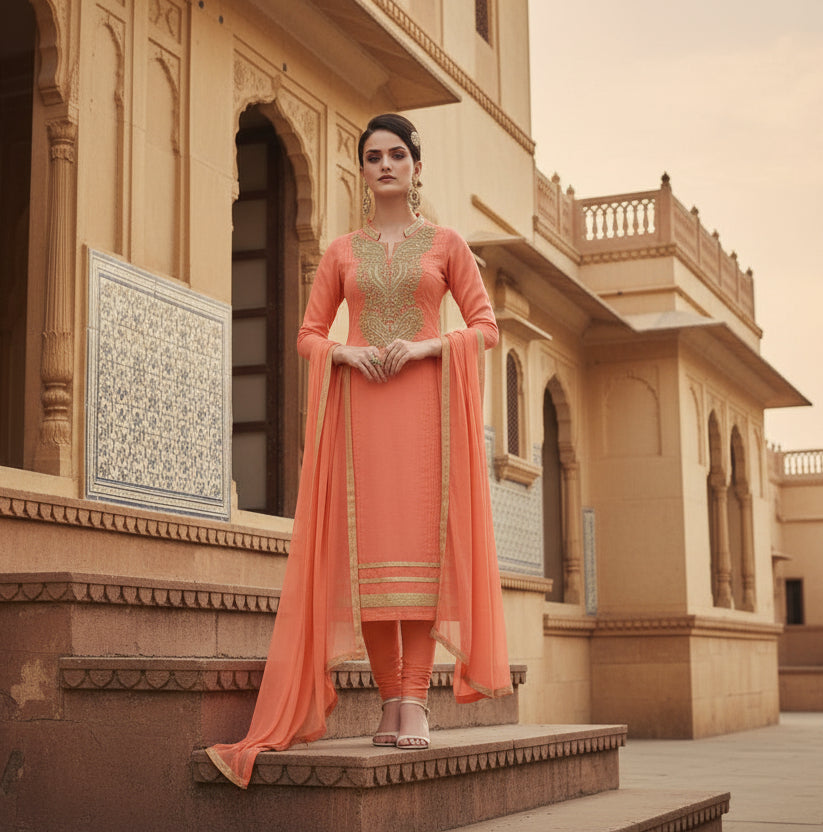 Women's Chanderi Unstitched Salwar Suit-Material With Dupatta (Orange,2.2 Mtrs)