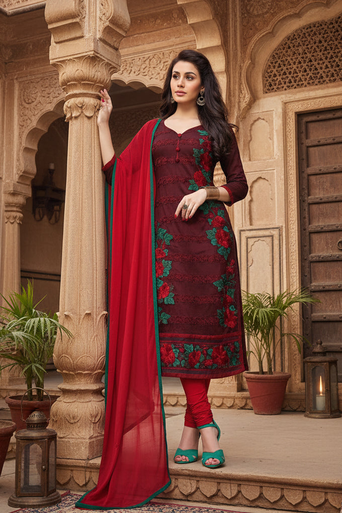 Women's cotton unstitched salwar suit material with dupatta (dark maroon,2