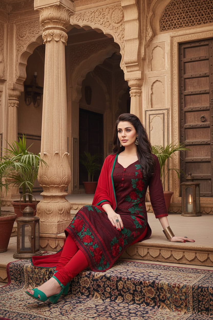 Women's Cotton Unstitched Salwar Suit-Material With Dupatta (Dark Maroon,2.3 Mtrs) Kashvii