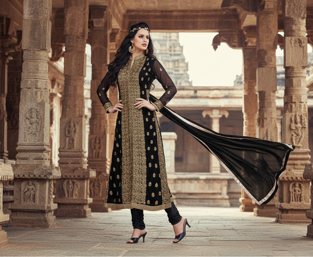 Women's Georgette Unstitched Salwar Suit-Material With Dupatta (Black,2 Mtrs) Kashvii