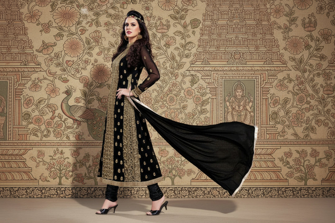 Women's Georgette Unstitched Salwar Suit-Material With Dupatta (Black,2 Mtrs) Kashvii