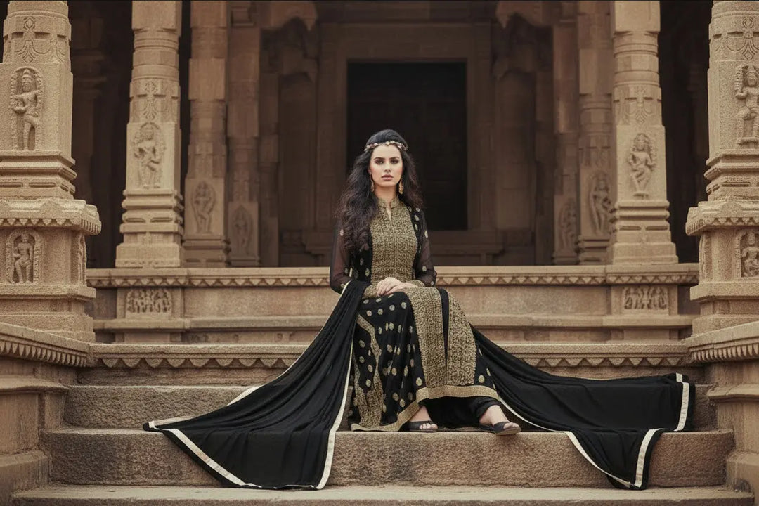 Women's Georgette Unstitched Salwar Suit-Material With Dupatta (Black,2 Mtrs) Kashvii