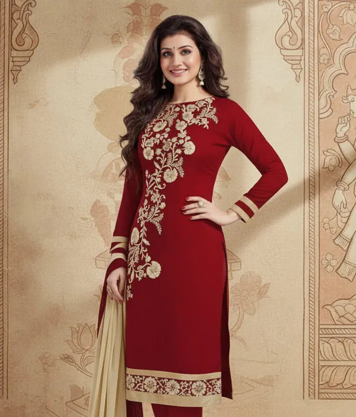 Women's chanderi unstitched salwar suit material with dupatta (maroon,2 mtrs) kashvii