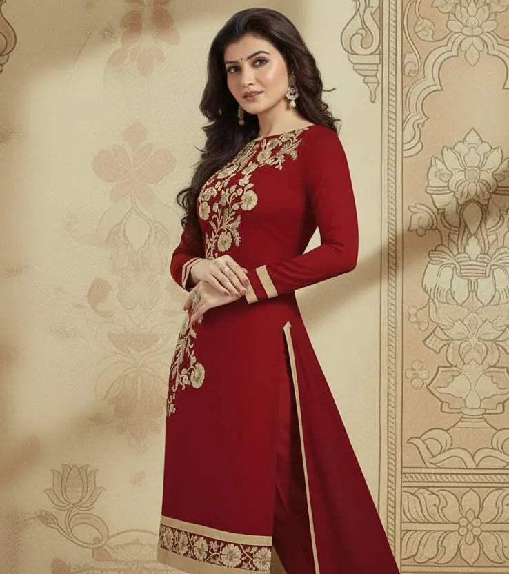 Women's Chanderi Unstitched Salwar Suit-Material With Dupatta (Maroon,2 Mtrs) Kashvii