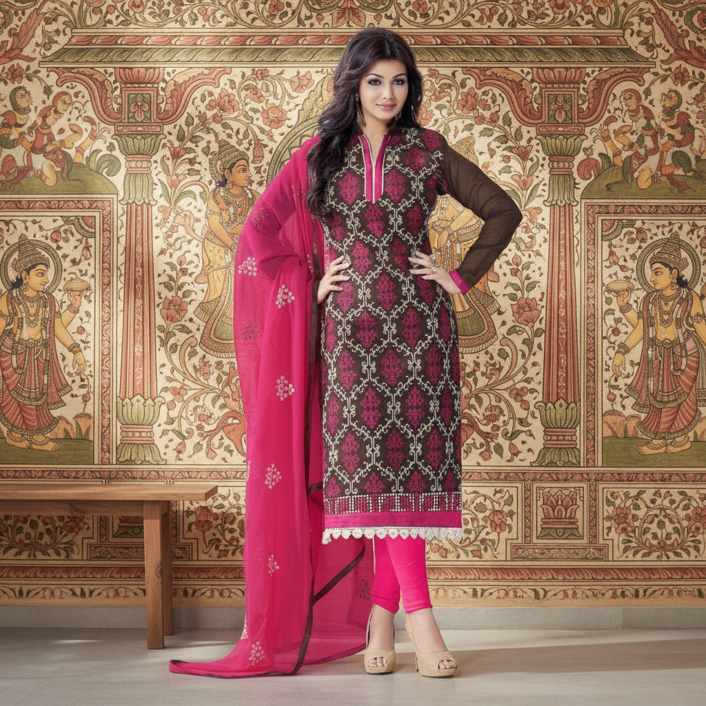 Women's Chanderi Unstitched Salwar Suit-Material With Dupatta (Brown,2.2 Mtrs) Kashvii