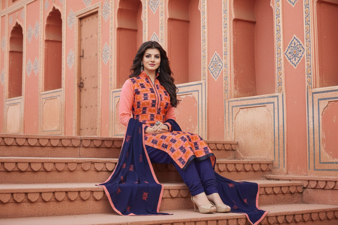 Women's Chanderi Unstitched Salwar Suit-Material With Dupatta (Orange,2.2 Mtrs) Kashvii