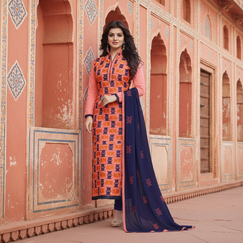 Women's chanderi unstitched salwar suit material with dupatta (orange,2