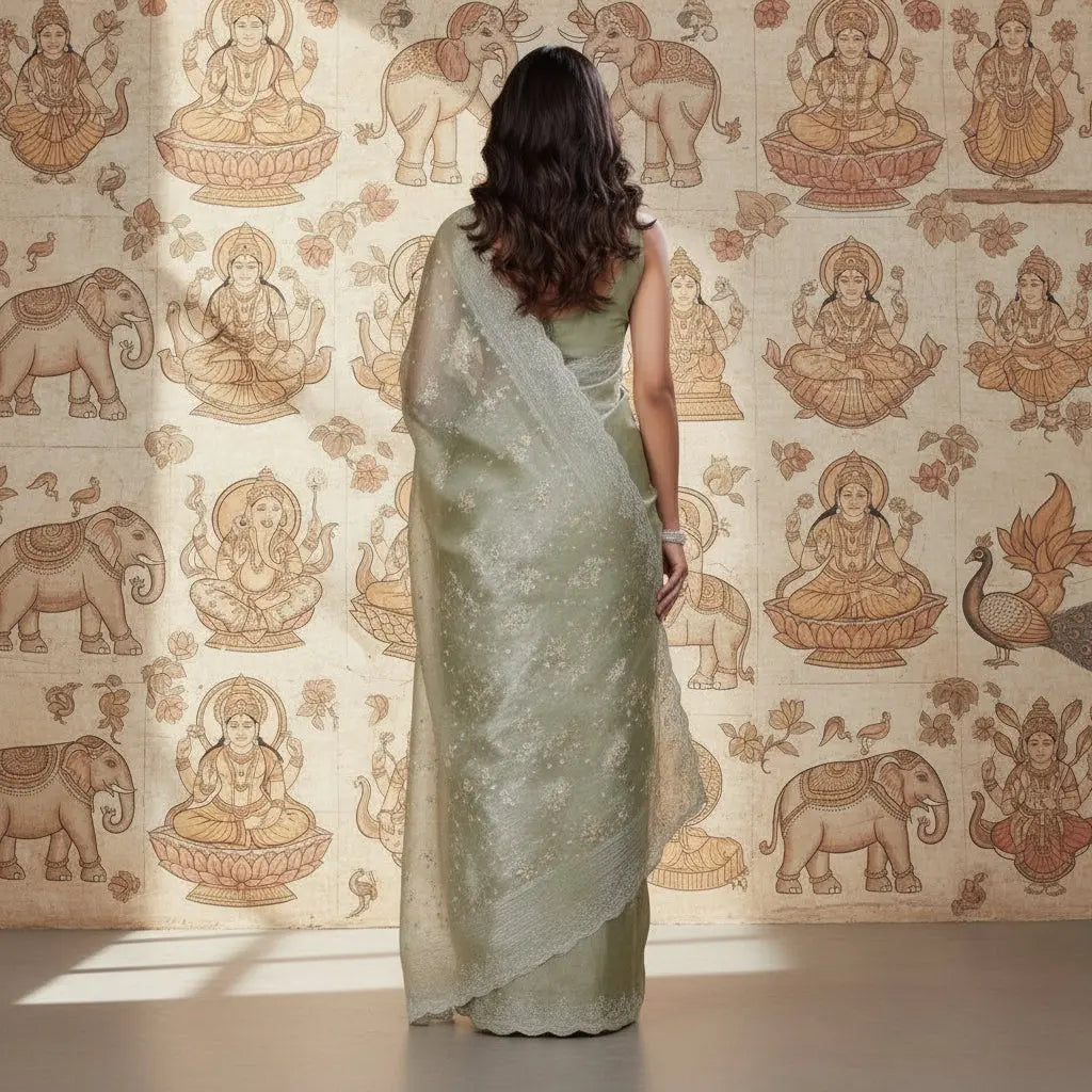 Women's Jimmy choo Embellished Bollywood Saree With Unstitched Blouse 5.5Mtr (Light Green) Kashvii