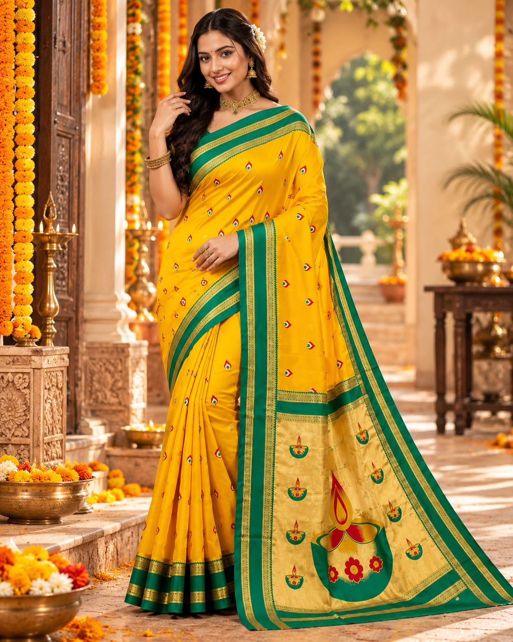 Banarasi Soft Silk Zari Border Saree With Unstitched Blouse(Yellow)