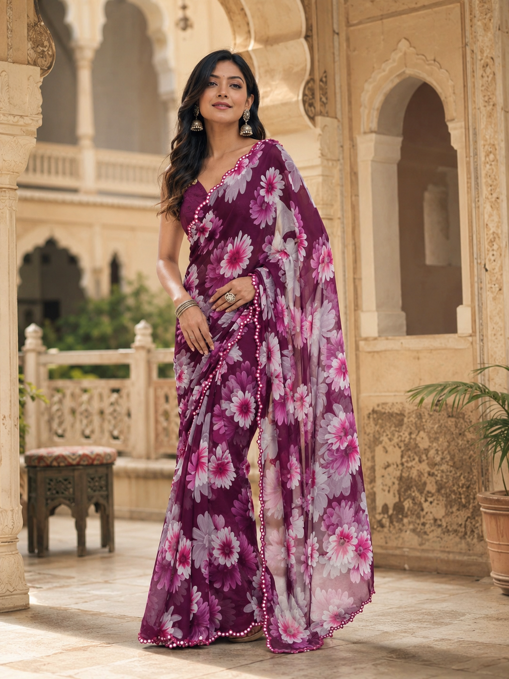 Georgette Floral Printed Saree With Unstitched Blouse(Wine)