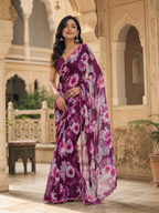 Georgette Floral Printed Saree With Unstitched Blouse(Wine)