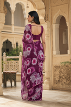 Georgette Floral Printed Saree With Unstitched Blouse(Wine)