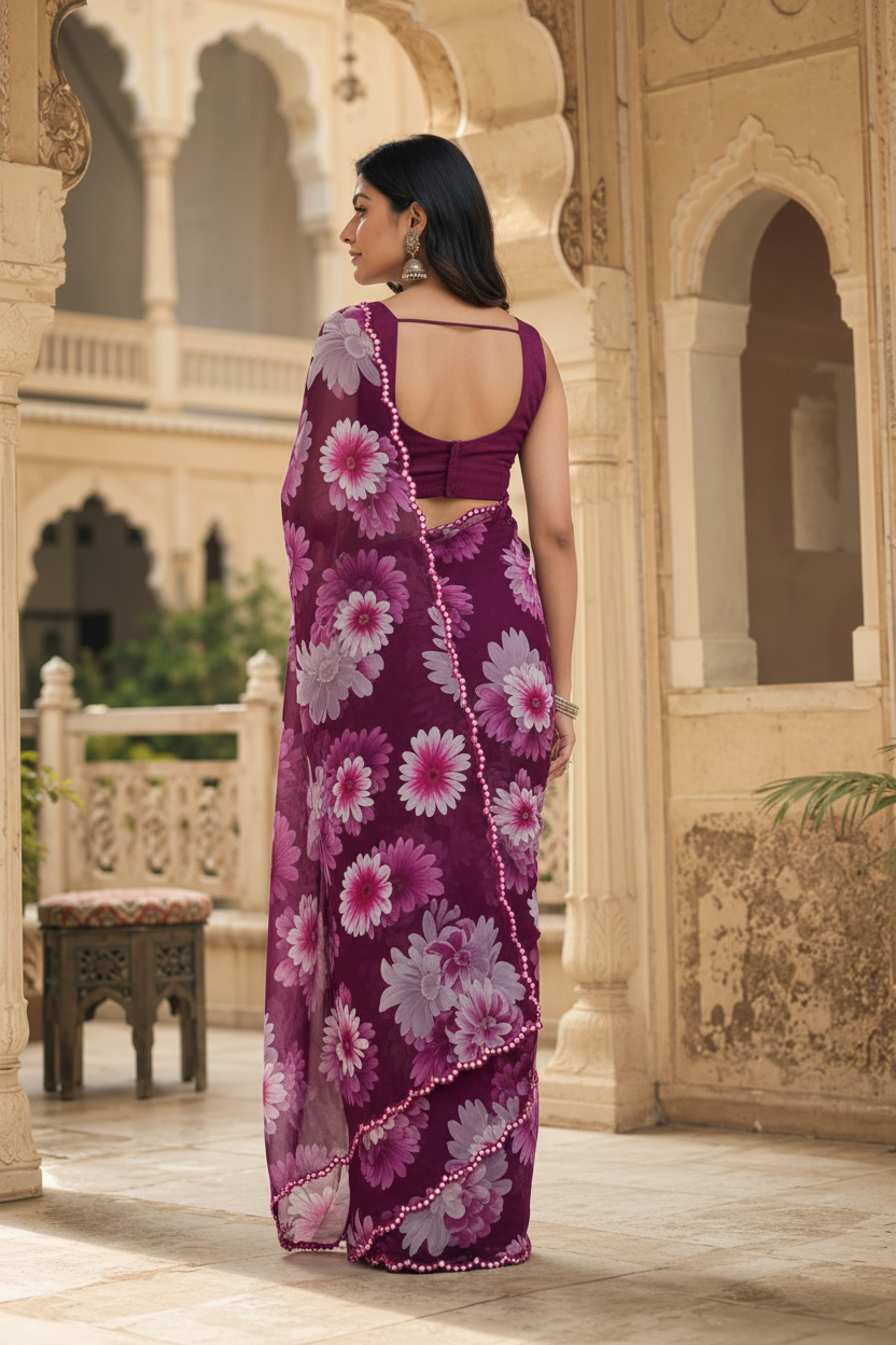 Georgette Floral Printed Saree With Unstitched Blouse(Wine)
