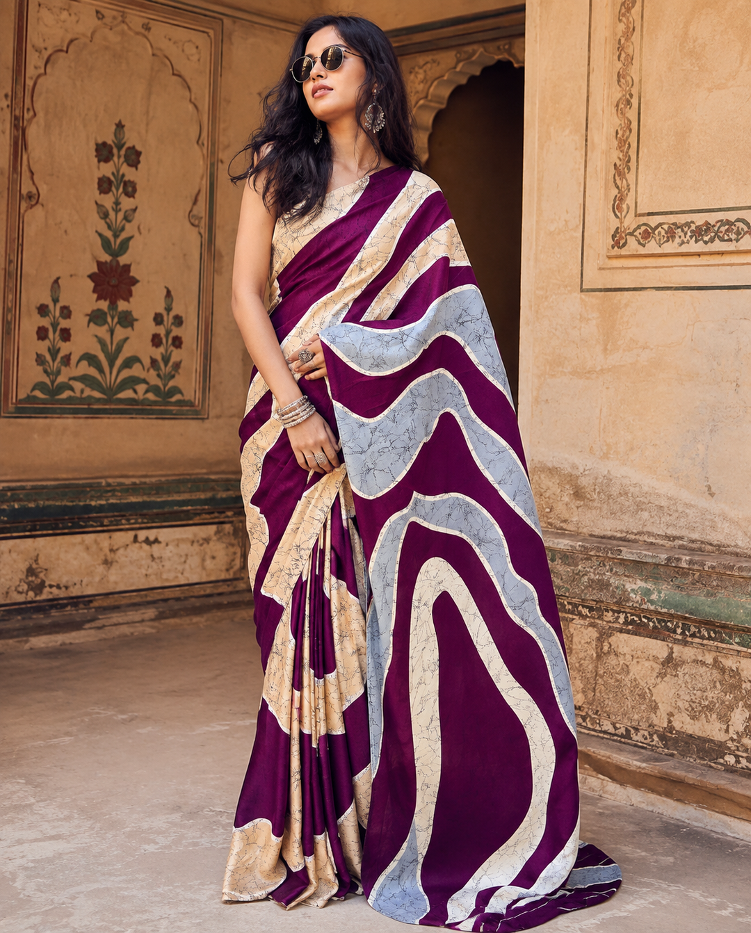Premium Satin Silk Wave Print Saree With Unstitched Blouse(Purple)