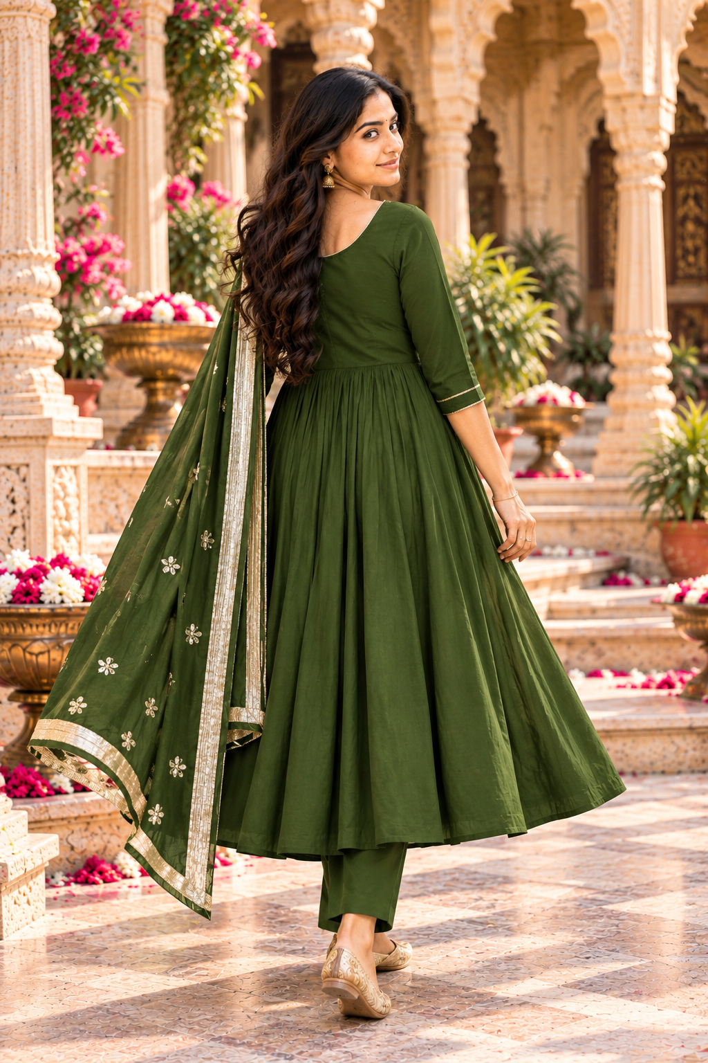 Chanderi Cotton Kurti Pant Set With Dupatta(Green)