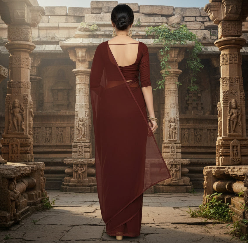 Women's Georgette Plain Saree With Blouse (Coffee, 5-6 Mtrs) Kashvii