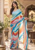 Georgette Digital Print Saree With Unstitched Blouse(Sky Blue)