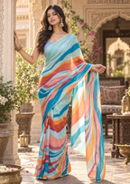 Georgette Digital Print Saree With Unstitched Blouse(Sky Blue)