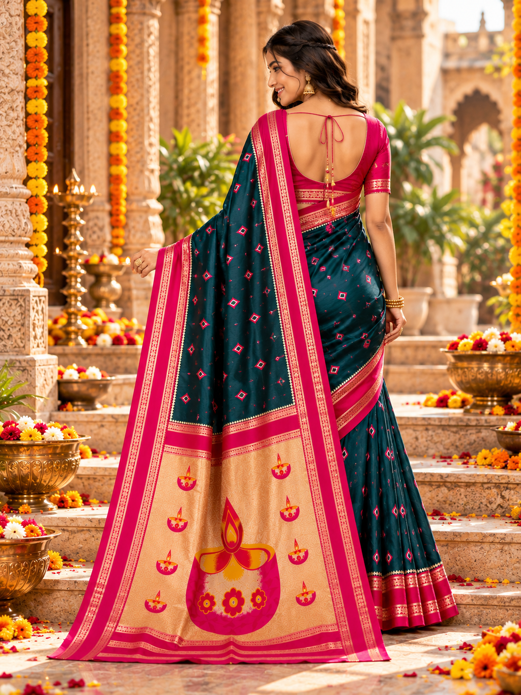 Banarasi Soft Silk Zari Border Saree With Unstitched Blouse(Dark Green)