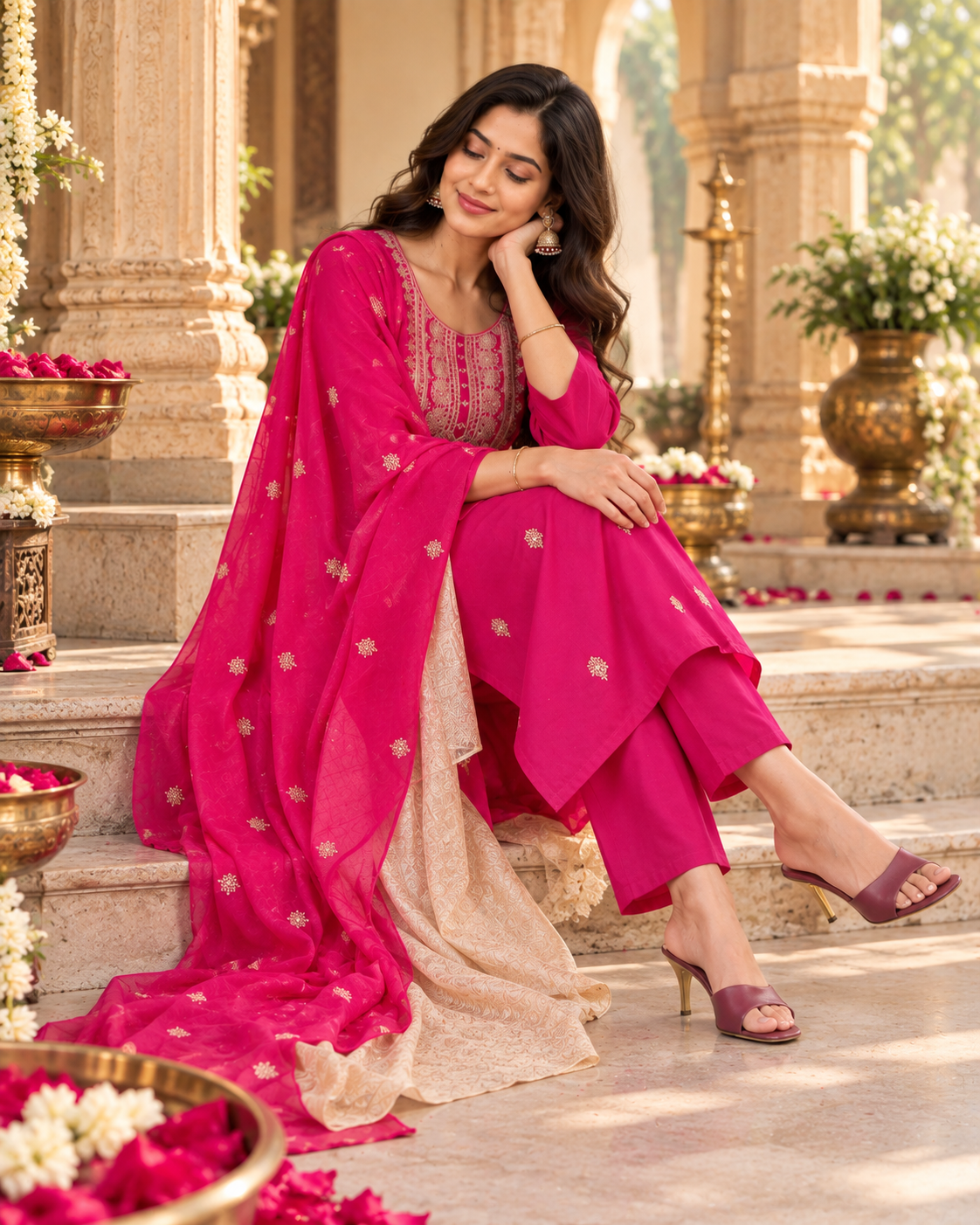 Roman Silk Kurti Pant With Dupatta Set(Pink)