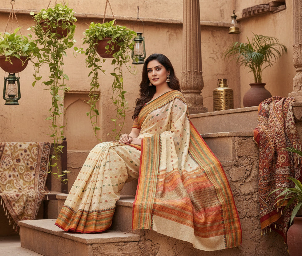 Women's kota doria cotton woven butta saree with blouse (cream, 5 6 mtrs) kashvii