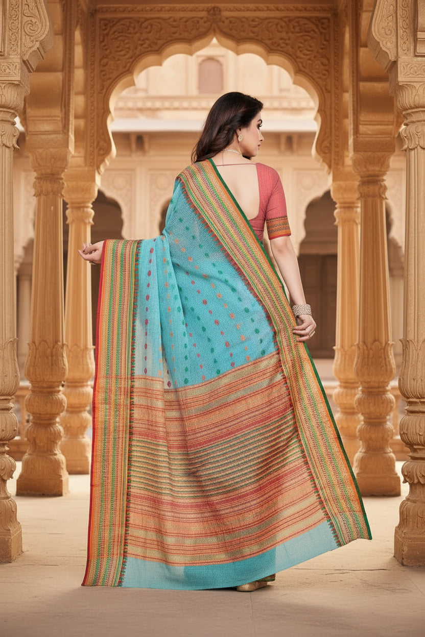 Women's Kota Doria Cotton Woven Butta Saree With Blouse (Sky Blue, 5-6 Mtrs) Kashvii
