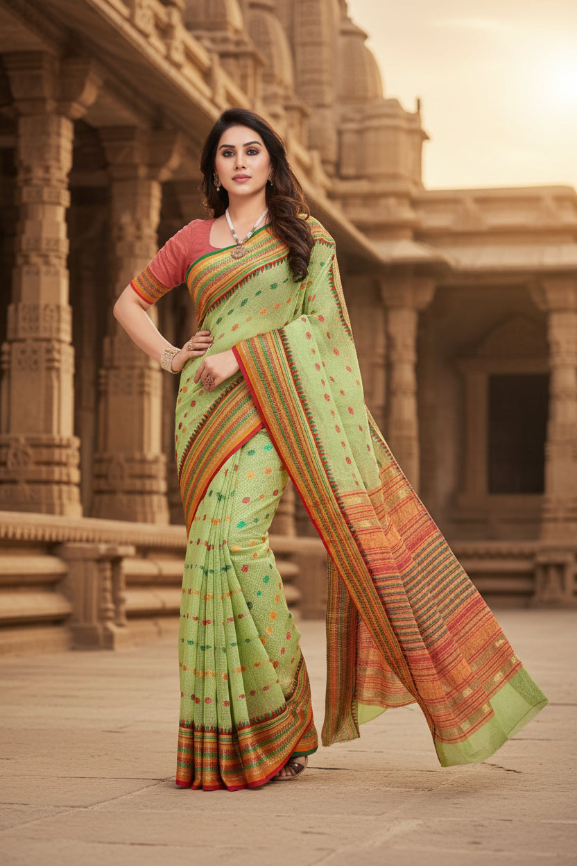 Women's Kota Doria Cotton Woven Butta Saree With Blouse (Light Green, 5-6 Mtrs) Kashvii