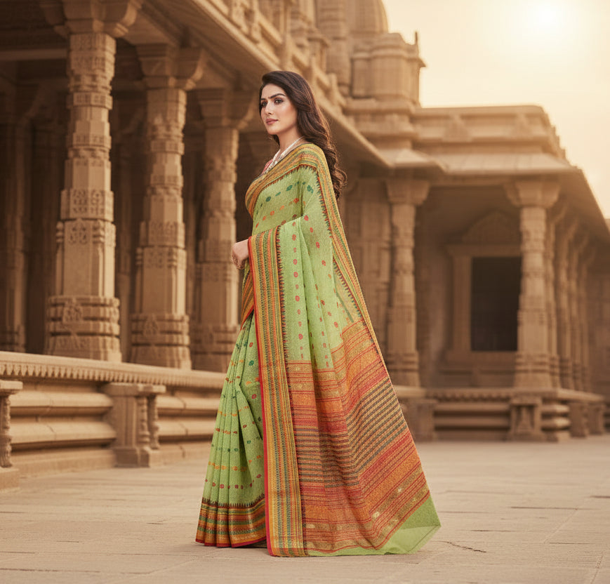 Women's Kota Doria Cotton Woven Butta Saree With Blouse (Light Green, 5-6 Mtrs)