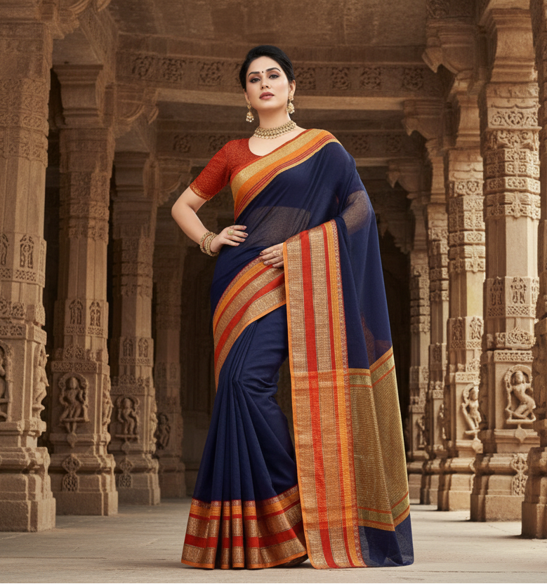 Women's kota doria cotton border saree with blouse (navy blue, 5 6 mtrs) kashvii