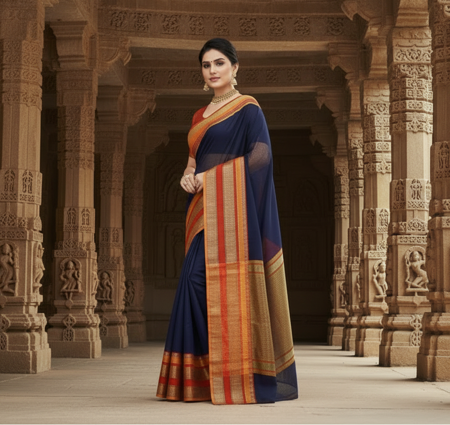 Women's kota doria cotton border saree with blouse (navy blue, 5 6 mtrs)