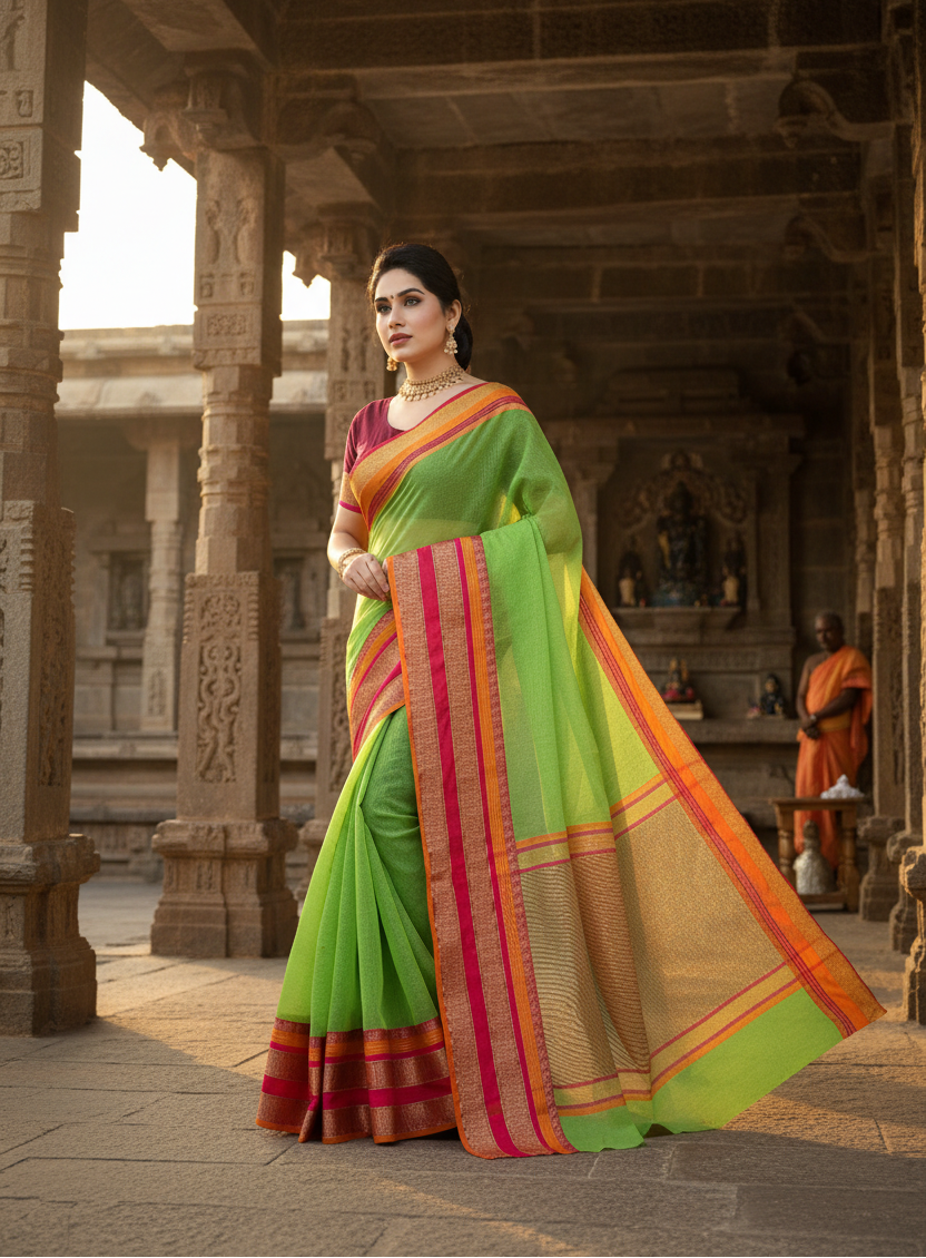 Women's kota doria cotton border saree with blouse (light green, 5 6 mtrs) kashvii