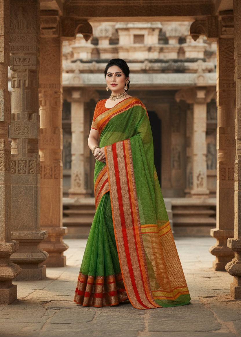 Women's kota doria cotton border saree with blouse (green, 5 6 mtrs) kashvii