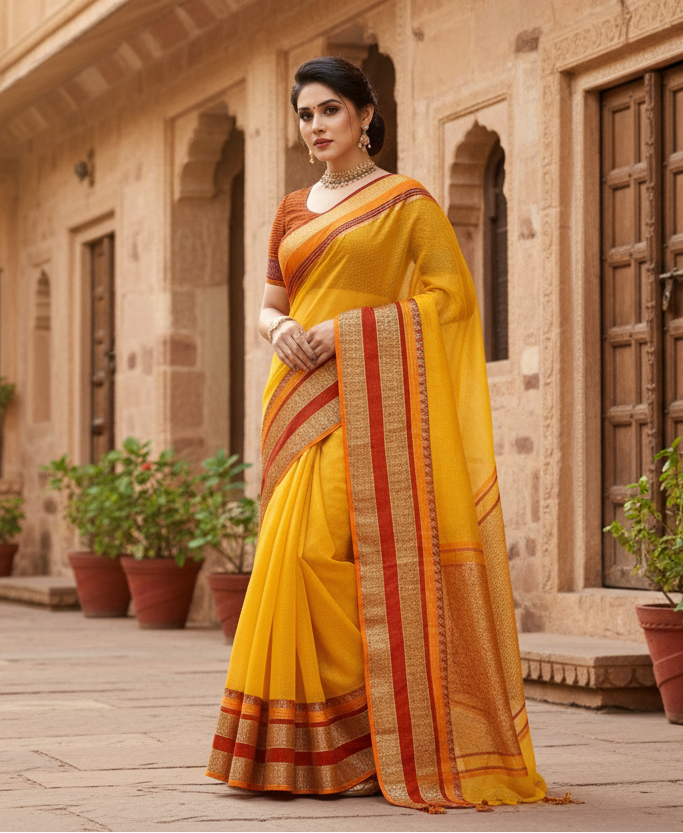 Women's Kota Doria Cotton Border Saree With Blouse (Yellow, 5-6 Mtrs) Kashvii