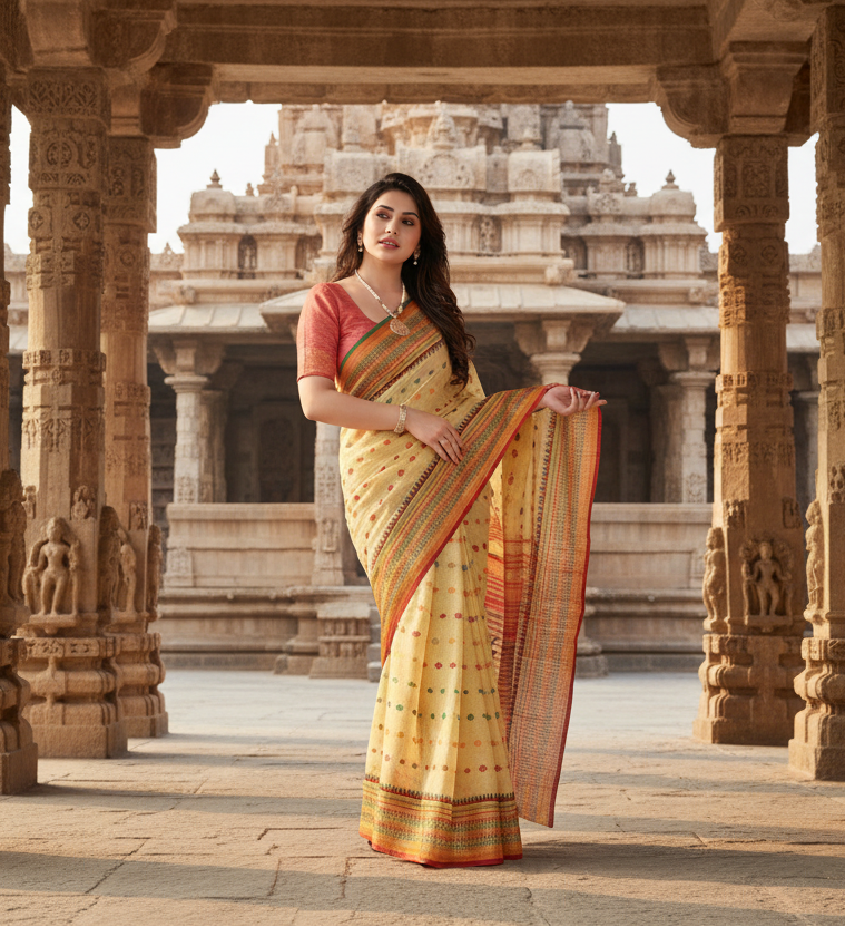 Women's Kota Doria Cotton Woven Butta Saree With Blouse (Beige, 5-6 Mtrs) Kashvii