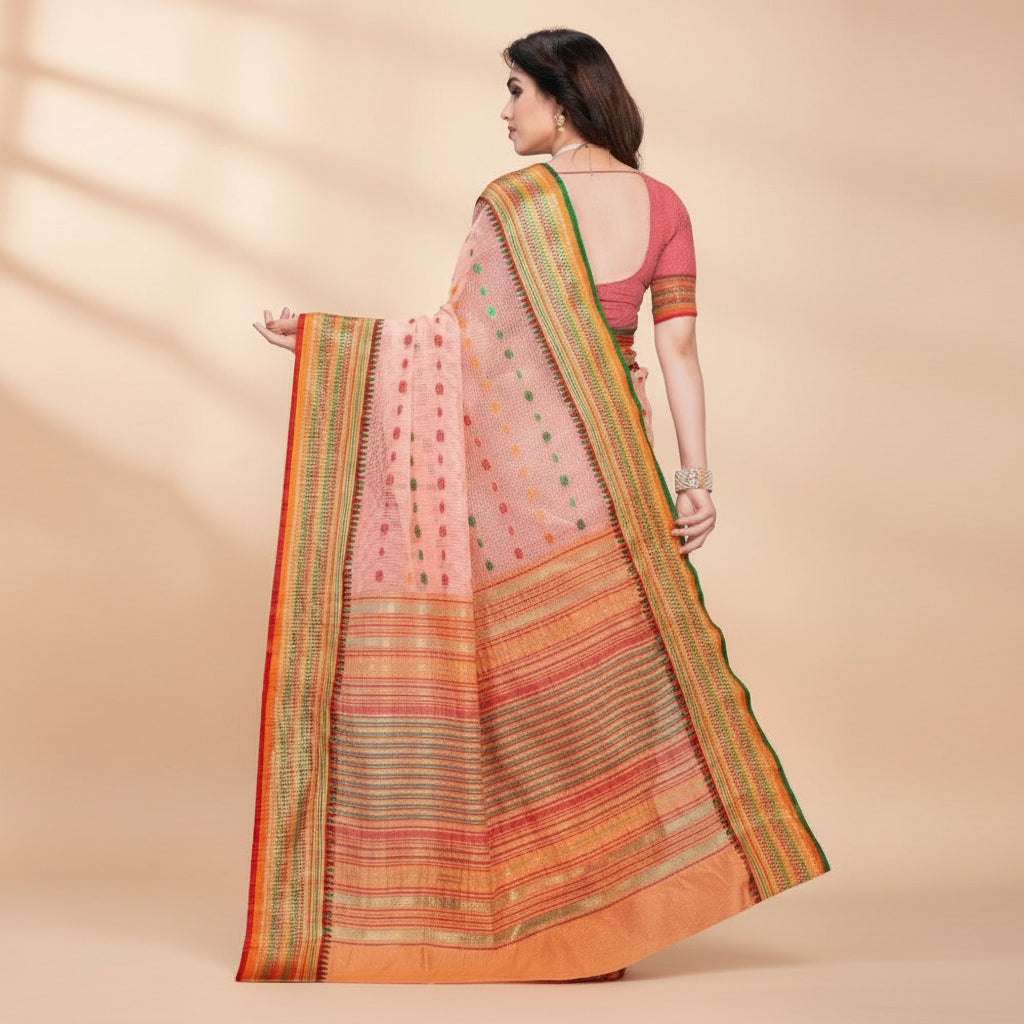 Women's Kota Doria Cotton Woven Butta Saree With Blouse (Peach, 5-6 Mtrs) Kashvii
