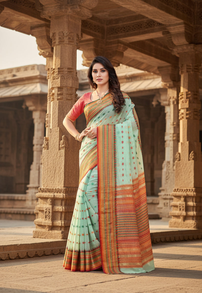 Women's Kota Doria Cotton Woven Butta Saree With Blouse (Pista, 5-6 Mtrs) Kashvii