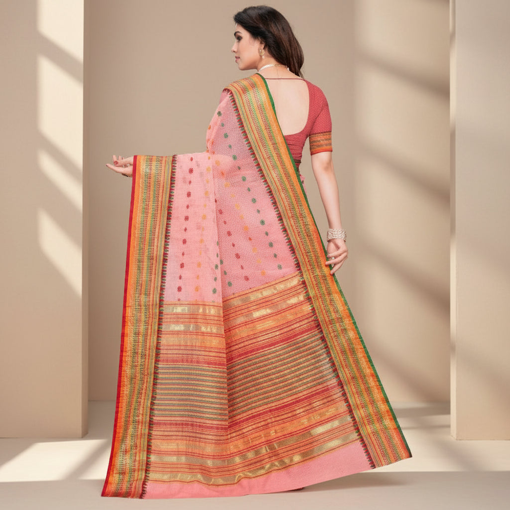 Women's Kota Doria Cotton Woven Butta Saree With Blouse (Pink, 5-6 Mtrs) Kashvii