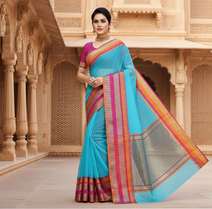 Women's Kota Doria Cotton Border Saree With Blouse (Sky Blue, 5-6 Mtrs) Kashvii
